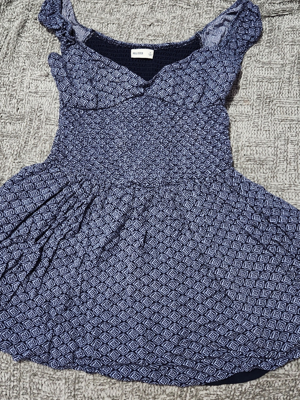 Hollister Navy Printed Smocked Bodice Dress